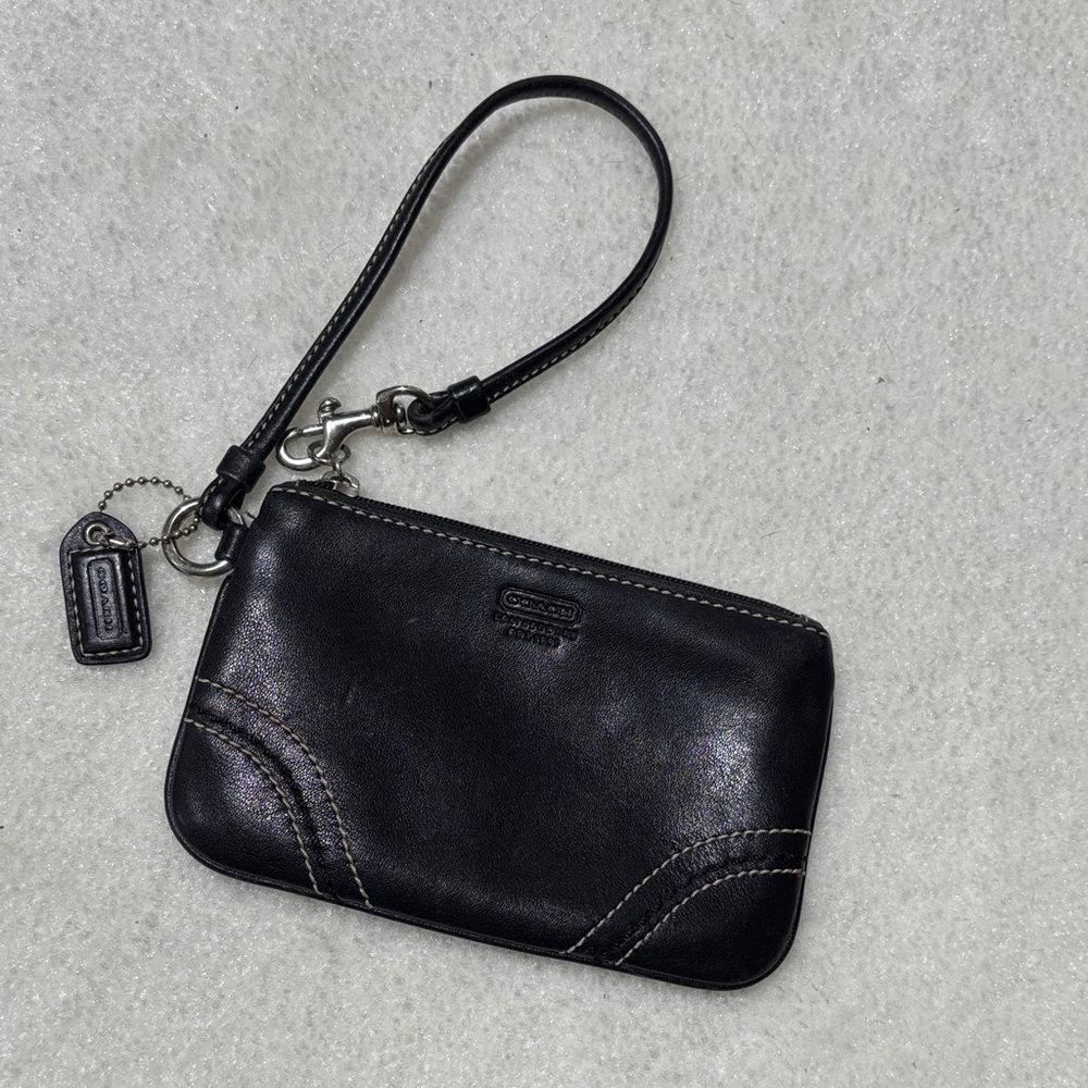 Coach Black Leather Wristlet with Stitch Detail